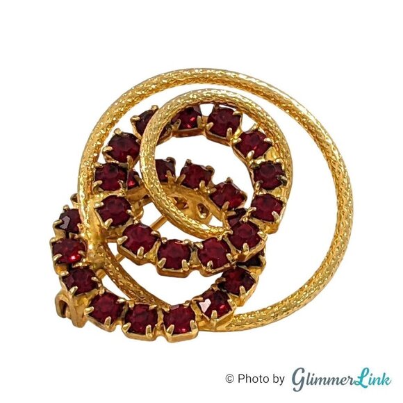 Vintage Double Circles Spiral Red Rhinestones Gold Tone Brooch - Picture 2 of 8